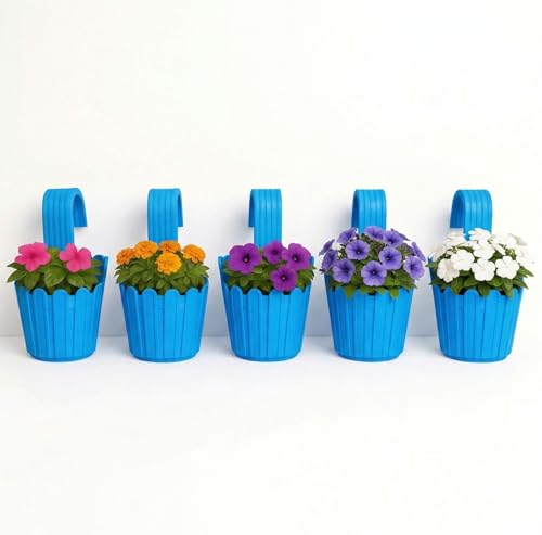 Image of Premium 6 inch Railing Planter with Hook - Durable Plastic Hanging Flower Pot for Balcony, Fence Design Gamla for Indoor /Outdoor Plants, Herbs & Creepers (5, Blue)