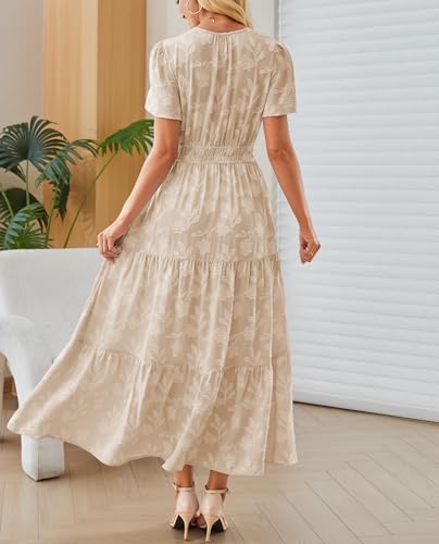 Image of Women's Maxi Dresses Boho Burnout V Neck Short Puff Sleeve Smocked Empire Waist Long Wedding Guest Semi Formal Dress Pockets