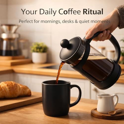 Image of GLOW Classic Continental 350ml Black Cafetiere - Premium Manual 1 Cup French Press Coffee Maker with Toughened Shockproof Glass Pot and Plunger Filter for Ground Beans Espresso Tea