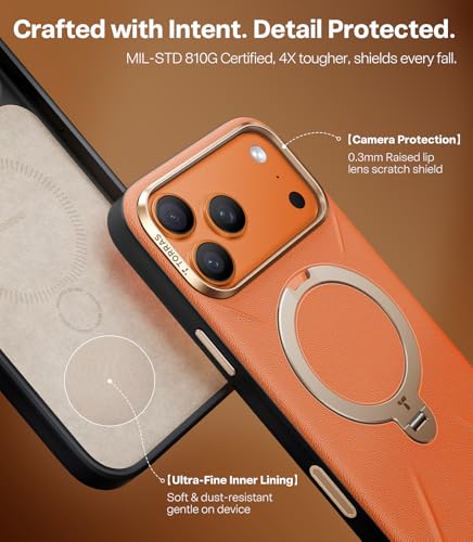 Image of TORRAS Q3 VegSkin for iPhone 17 Pro Max Case Leather, 360 Spin Magnetic Stand, Fit for MagSafe, Camera Control, Shockproof Premium Organic Silicone Leather Case for iPhone 17 Pro Max, Burnt Orange