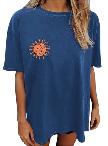 Image of Remidoo Women's Casual Short Sleeve Graphic Oversized T Shirt Loose Letter Print Tee Top Blouse Blue Large