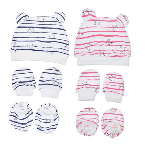 LIFKOME Baby Hat Hand and Foot Covers Newborn Cotton Cap Mittens 2 Sets Soft Scratch-free