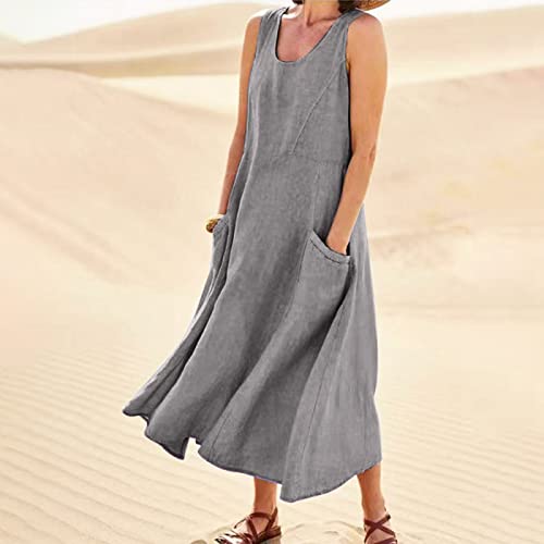 Plus Size Cotton Linen Summer Dresses for Curvy Women 2025 Sleeveless Maxi Vacation Beach Sundresses with Pockets
