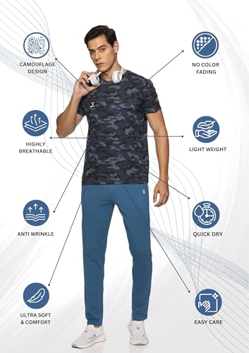Image of DOMIN8 Men's Regular Fit T-Shirt (DOM8-AW-M-TS-21-BE-M Blue Printed Camouflage