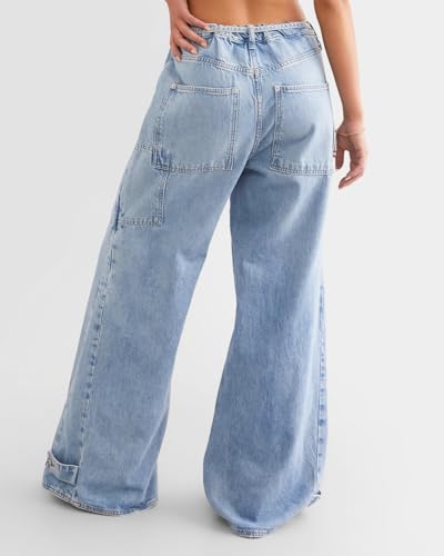 Women Wide Leg Jeans Elastic Mid Waist Belt Baggy Jeans Loose Casual Boyfriend Y2K Denim Pants with Pockets3