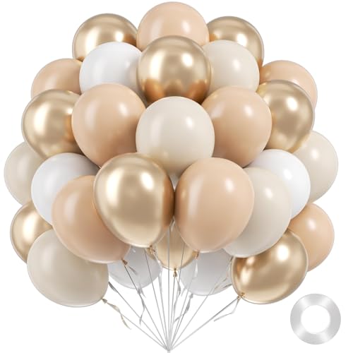 Image of BAUANOOY Neutral Balloons, 60pcs 12 Inch Nude Balloon Beige Balloons White Sand Metallic Gold Latex Balloon for Bridal Baby Shower Wedding Gender Reveal Birthday Party Decorations