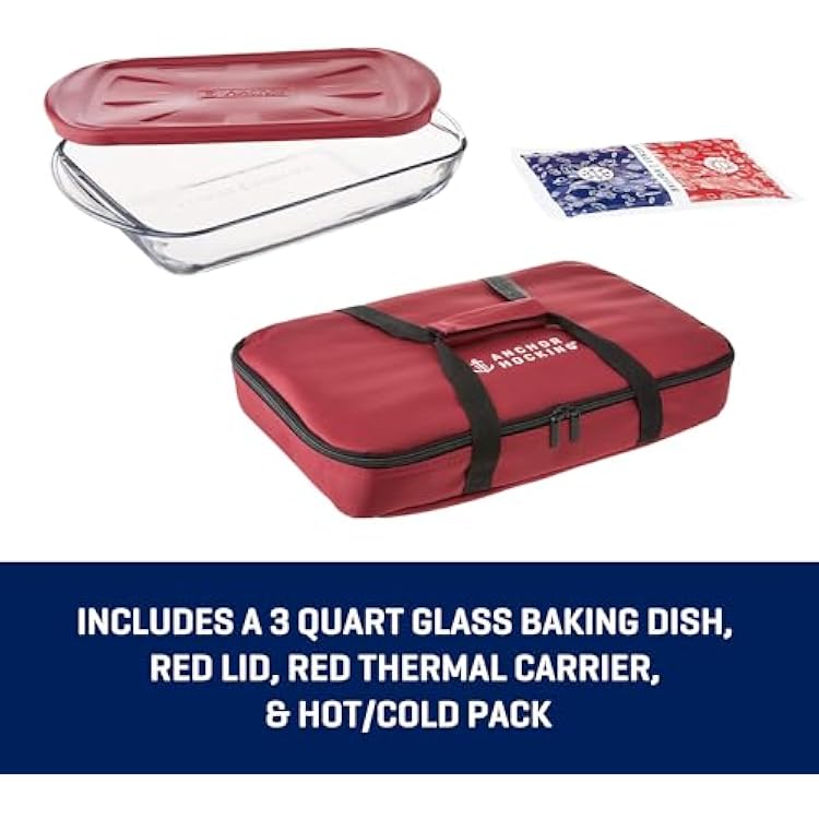 Anchor Hocking Glass Baking Dishes for Oven with Casserole Carrier, 4 Piece Set (3 Quart Glass Baking Dish, Red Lid, Red Thermal Carrier, and Hot/Cold Pack)
