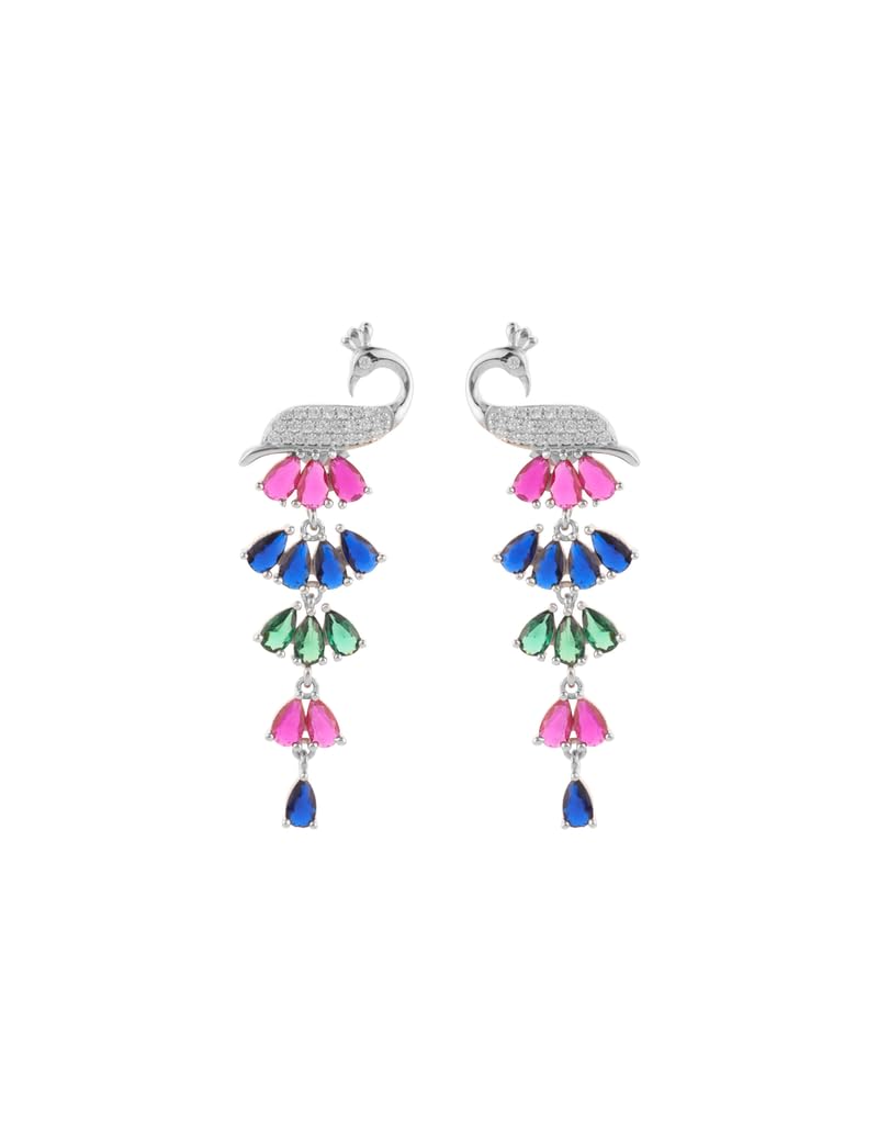 Peacock Rhodium Plated Cubic Zirconia 925 Sterling Silver Drop Earrings-image-37