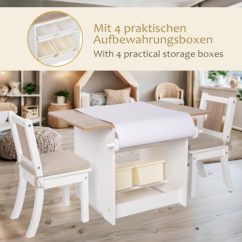 ONVAYA® Kindertisch-Set mit Stühlen | Weiß-Holz | Kindersitzgruppe mit Stauraum | Kindermöbel-Set mit Tisch und 2 Stühlen | Kindertischgruppe aus Holz | Sitzgruppe fürs Kinderzimmer
