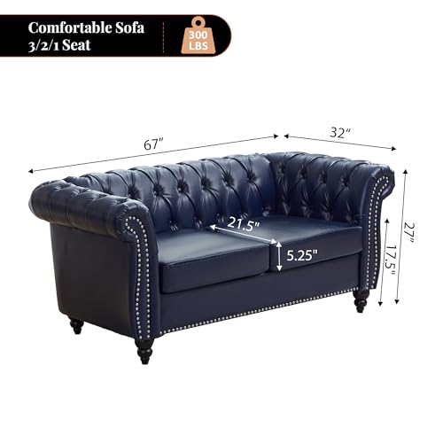 Image of LEVNARY Chesterfield Loveseat, 2 Seater Tufted Couch for Living Room, Classic Button Tufted Upholstered Sofa, Modern Mid-Century PU Leather Loveseat (Blue)
