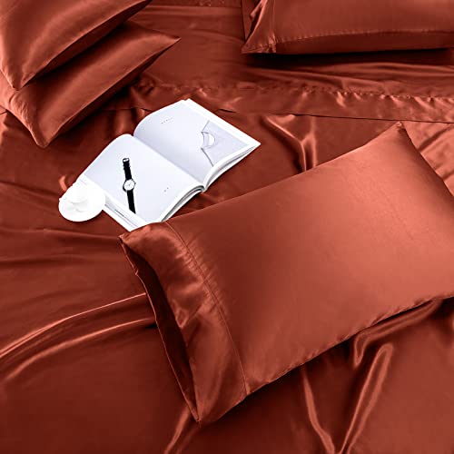 Treely Satin King Bed Sheets 6 Piece,Hotel Luxury Silky King Sheet Set With Deep Pocket,Fitted Sheet - Orange Rust King Sheets,1 Flat Sheet,4 Satin Pillowcase - Soft And Breathable #TOP2