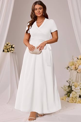 Runwind Women’s Plus Size Maxi Dress Short Sleeve Casusl Summer Long Dress Solid V-Neck Dresses2