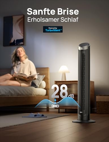 DREO Smart Turmventilator Sehr Leise, 90° Oszillierend Standventilator für Schlafzimmer, 7.9 m/s Windstärke, 5 Stufen, 4 Modi, Touch/Fernbedienung/App & Sprachsteuerung, Alexa, 12H Timer, Silber 3