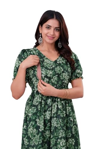 Image of Women's Maternity Feeding Dresses for Women, Easy Breastfeeding Dress, Cotton Blend Anarkali Dress with Nursing Zip for Pre & Post Pregnancy