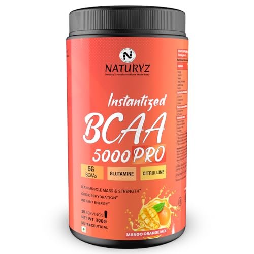 Image of NATURYZ Instantized BCAA 5000 PRO |5G Vegan BCAAs | Glutamine | Citrulline | Electrolytes | 0 Added Sugar | Powerful Intra Workout Amino for Lean Muscle Growth, Strength, Quick Re-Hydration & Instant Energy - 300g(Mango Orange Mix)