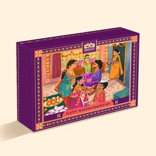 Image of Gifticon Rakhi Set for Brother Bundled with Chocolate | Rakshabandhan Gift Box with Moments Chocolate Pack Greeting Card | Roli | Chawal | Premium Rakhi Gifting Set with 2 Peach AD Rakhi