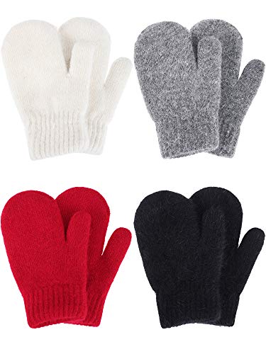 SATINIOR 4 Pairs Toddler Stretch Mittens Little Girls Soft Angora Gloves Thickened Knit Mitten Baby Boys Winter Knitted Gloves, Black, White, Red and Grey, Large