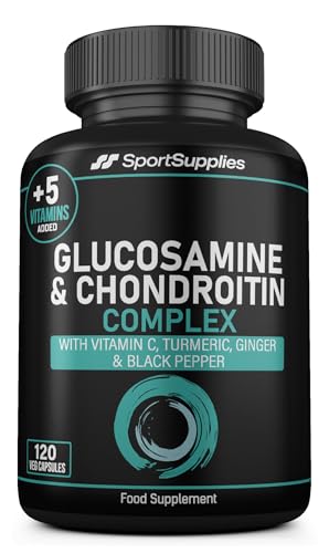 Glucosamine and Chondroitin High Strength Plus 5 Vitamins - 120 Complex Capsules 1,000mg (Providing 530mg Base) - Chondroitin 200mg - Added Turmeric, Ginger, Black Pepper, Vitamin C, B6, B1, D3 & B12