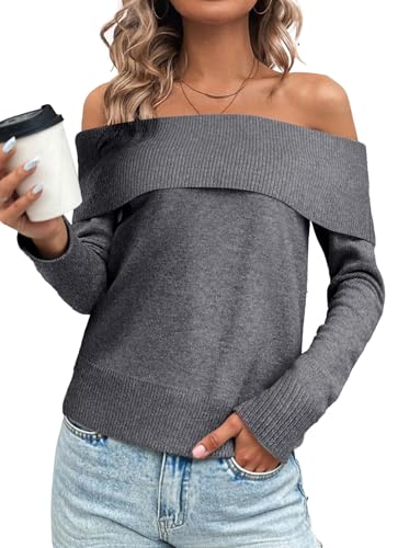 Women's Off Shoulder Knit Sweater Long Sleeve Pullover, Fall Winter Oversized Ribbed Jumper Loose Casual Sweaters3