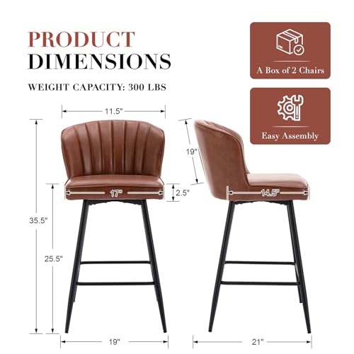 Image of EALSON 26 Inch Counter Height Bar Stools Set of 4 Leather Counter Stools with Back Modern Comfortable Bar Chairs with Metal Footrest Upholstered Kitchen Island Stools for Home Bar Dining Room, Brown