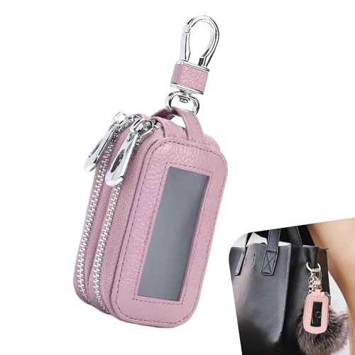 Foelony 1 PCS Car Key Fob Case Leather Zipper Key Fob Holder with Metal Hook Anti-Scratch Smart Remote Bag with Transparent Window Protection Universal for Most Vehicles (Pink)