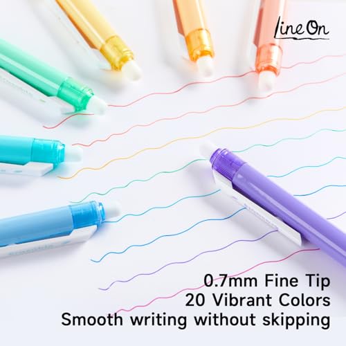 Image of Lineon Erasable Gel Pens, 20 Colors Retractable 0.7mm Fine Point Erasable Pens Clicker for Back to School, Assorted Color Inks, Make Mistakes Disappear for Drawing Writing Planner & Crossword Puzzles