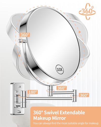 Gospire 9" Large Size Wall Mounted Makeup Mirror with 1X/10X Magnification, Double-Sided 360° Swivel, Chrome Polished Extendable Shaving Bathroom Wall Mirror for Men and Women - Image 2