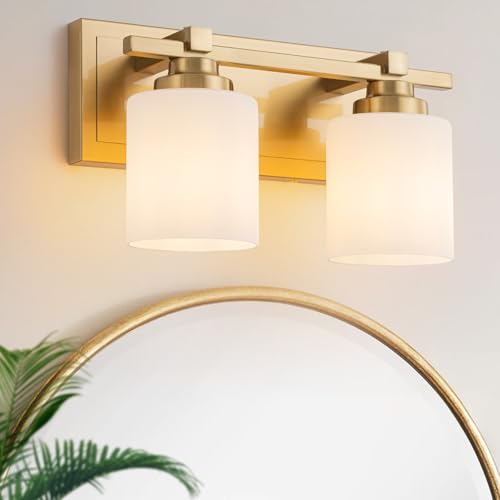 BrkNit Modern Bathroom Light Fixtures Over Mirror, Vanity Lights for Bathroom Wall Sconces with Milky White Glass Shades, E26 Socket (Bulbs Not Included), 2 Light, Brass by BrkNit - Used condition - US$48.78