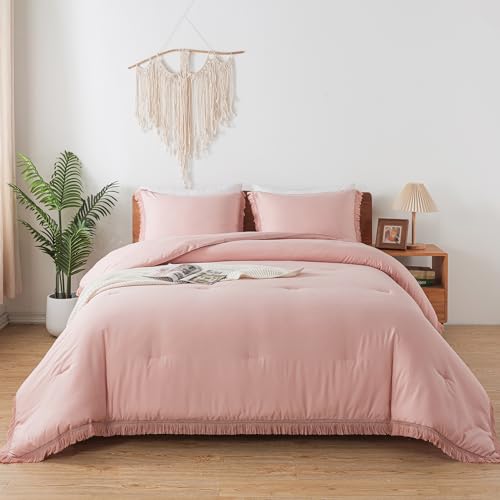 Image of Andency Pink Comforter Set Full Size for Girls, Blush Boho Women Tassel Lightweight Bedding Comforter Sets, 3 Pieces All Season Soft Fluffy Fringe Bed Set (79x90In Comforter & 2 Pillowcases)