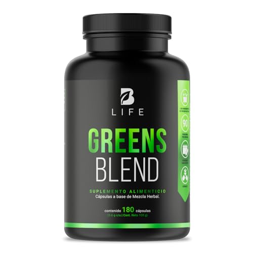 Greens Blend 180 Cápsulas. Ingredientes naturales: Espirulina, Moringa, Weathgrass Clorela, Matcha y Aloe Vera Mezcla Herbal. Greens Blend B Life.