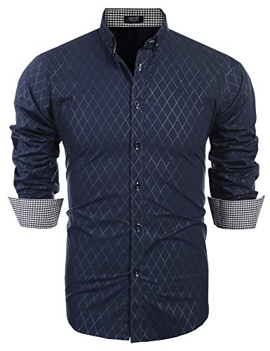 COOFANDY Men's Slim Fit Dress Shirt Long Sleeve Wrinkle Free Business Plaid Button Down Collar Shirt (L, Ultramarine) Navy Blue