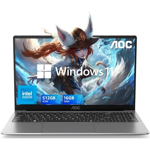 AOC Newest 15.6″ Laptop, Intel Quad-Core Processor (Up to 3.6GHz), 16GB RAM, 512GB SSD, Windows 11 Laptops Computer, FHD Screen, Webcam, Light&Thin, Metal Shell, HDMI, Type-C, USB3.2 (2024 Flagship)