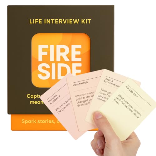 Fire side Life Interview Kit Card Pack with AI Companion App, 100 Question Cards for Memory Preservation, Family Storytelling