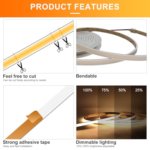 Image of Free Cuttable COB LED Neon Strip Light Waterproof IP68, 12V 16.4ft 3000K Silicone Flexible DIY LED Tape Light for Outdoor Bathroom Swimming Pool Decoration (Without Power Supply)