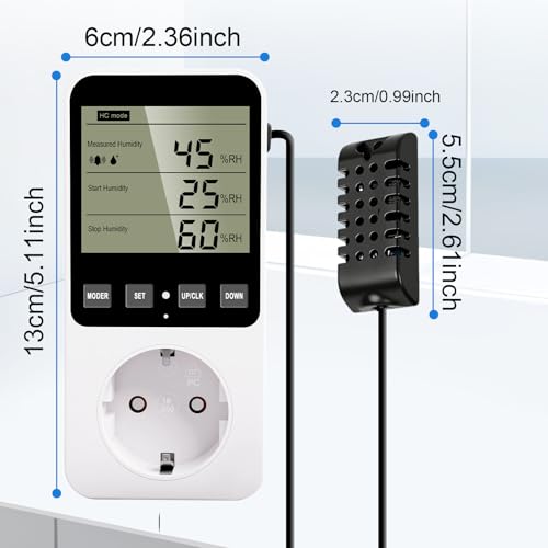 Temperaturregler Steckdose 230V mit Fühler Digitaler Hygrostat Feuchteregler, Luftfeuchtigkeitsregler mit Alarm für Luftbefeuchter Luftentfeuchter Terrarium