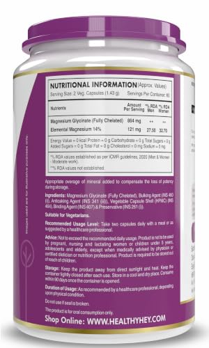 Image of HealthyHey Nutrition Magnesium Glycinate 14% Fully Chelated Supplement High Absorption for Sleep, Cramps, & Nerves Health - 120 Vegetable Capsules