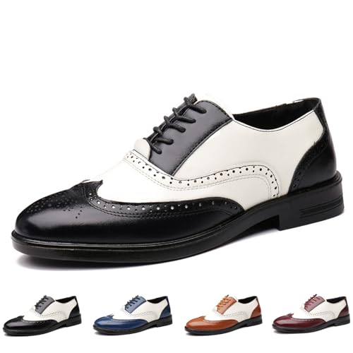 Men's Wingtip Patchwork Two Tone Brogue Oxfords Shoes Fashion Hand Stitched Round-Toe Lace up Low Top Leather Dress Shoes Comfortable Casual Business Formal Derby Shoes