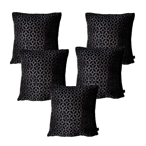Image of Reversable and Comfortable Velvet Soft Square Throw 5 Piece Cushions Cover Set for Sofa, Bed, Chair (16 X 16 Inch) Black Square