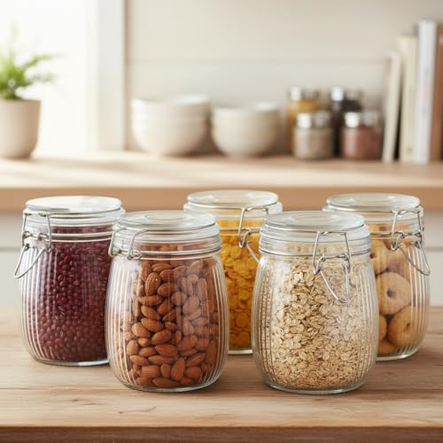 Image of ginoya brothers Lining Textured Airtight Glass Storage Jar with Clip Lock Lid - Kitchen & Pantry Organizer, Multiple Sizes For Dry Food, pickles, beans, cookies (5, 750 ML)