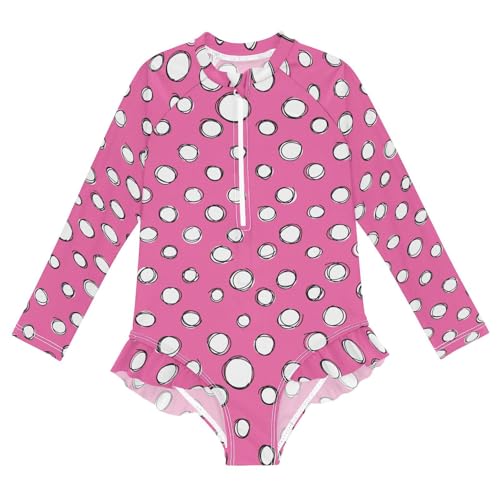 Ollabaky Baby Girls Long Sleeve Swimsuit White Pinks Polka Dot One Piece Bathing Suit Rash Guard UPF50+ Toddler Girl Swimwear, 7-8T