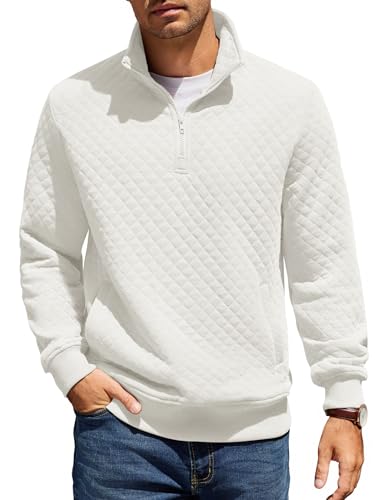 COOFANDY Mens Quarter Zip Pullover Quilted Sweatshirt Knit Long Sleeve Mock Neck Sweater Polo with Pocket White