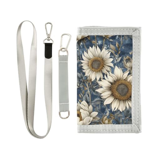 FOLIOSA Kids Wallet for Boys Girls White Sunflowers Print Youth Wallet with Zipper Pocket Card Holders, Novelty Wallet 4.9×2.9 in