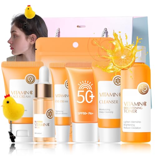 Vitamina C Skin Care Set regalo per ragazze – Skincare Set da 8 pezzi – Set regalo per la cura del viso – Set di bellezza antiossidante – idratante per la cura della pelle – con toner, siero, crema