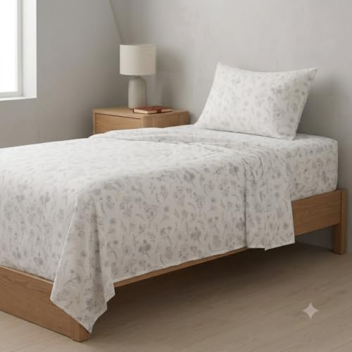 Image of Linen Home Cotton Percale Flat Bedsheet Set Single Size Floral Grey