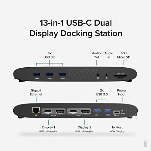 Plugable 13-In-1 Usb C Docking Station Dual Monitor, 100W Charging, Dual 4K Displays 2X Hdmi Or 2X Displayport, Compatible With Mac, Windows, Thunderbolt 3 / 4, Usb-C (5X Usb, Ethernet, Sd Card Reader #TOP1