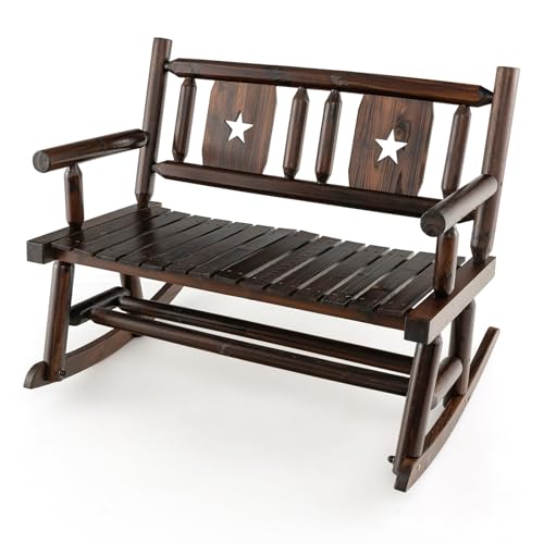 Giantex Outdoor Rocking Bench Patio Loveseat Rocker for 2 w/Ergonomic Back & Log Arms Carbonized Fir Wood Frame Wooden Double Rocking Chair for Porch Garden 710 LB Capacity Rustic Brown