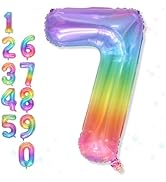 7th Birthday Balloons for Girls, 40'' Foil Self Inflating Light Rainbow Number 7 Balloon, Large H...