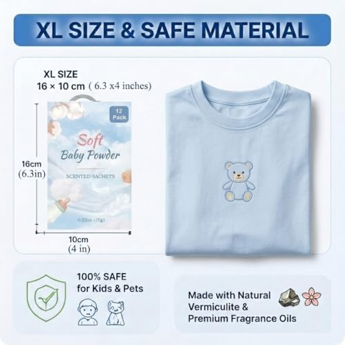 Image of 12 Packs Baby Powder Hanging Scented Sachets for Drawers and Closets with Retractable Hook| Long-Lasting Closet Air Freshener & Closet Deodorizer | Closet Scent Freshener