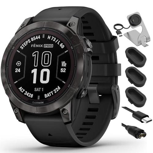 Garmin 010-02777-10 Fenix 7 Pro Sapphire Solar, GPS Smartwatch, Built-in Flashlight Black Bundle with Deco Essentials Charging Dock, Silicone Dust Cover 3 Pack and USB Type C Charging and Sync Cable