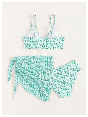 Image of OYOANGLE Girl's 3 Piece Bikini Sets Floral Print Spaghetti Straps Cute Swimsuits with Beach Skirt Bathing Suits